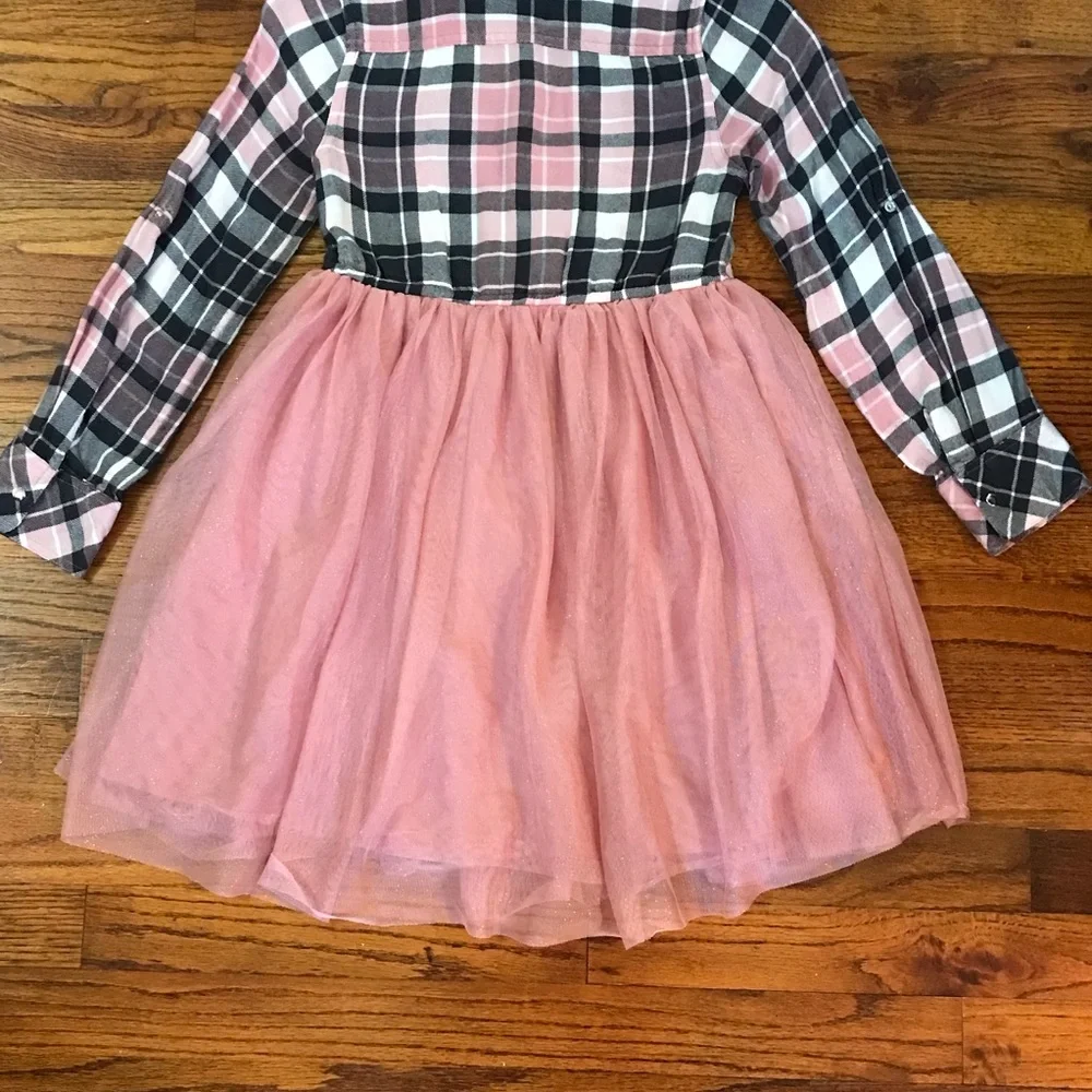 Girls Justice Pink / Black Plaid & Tulle Dress Size Medium 7 / 8 100% Polyester